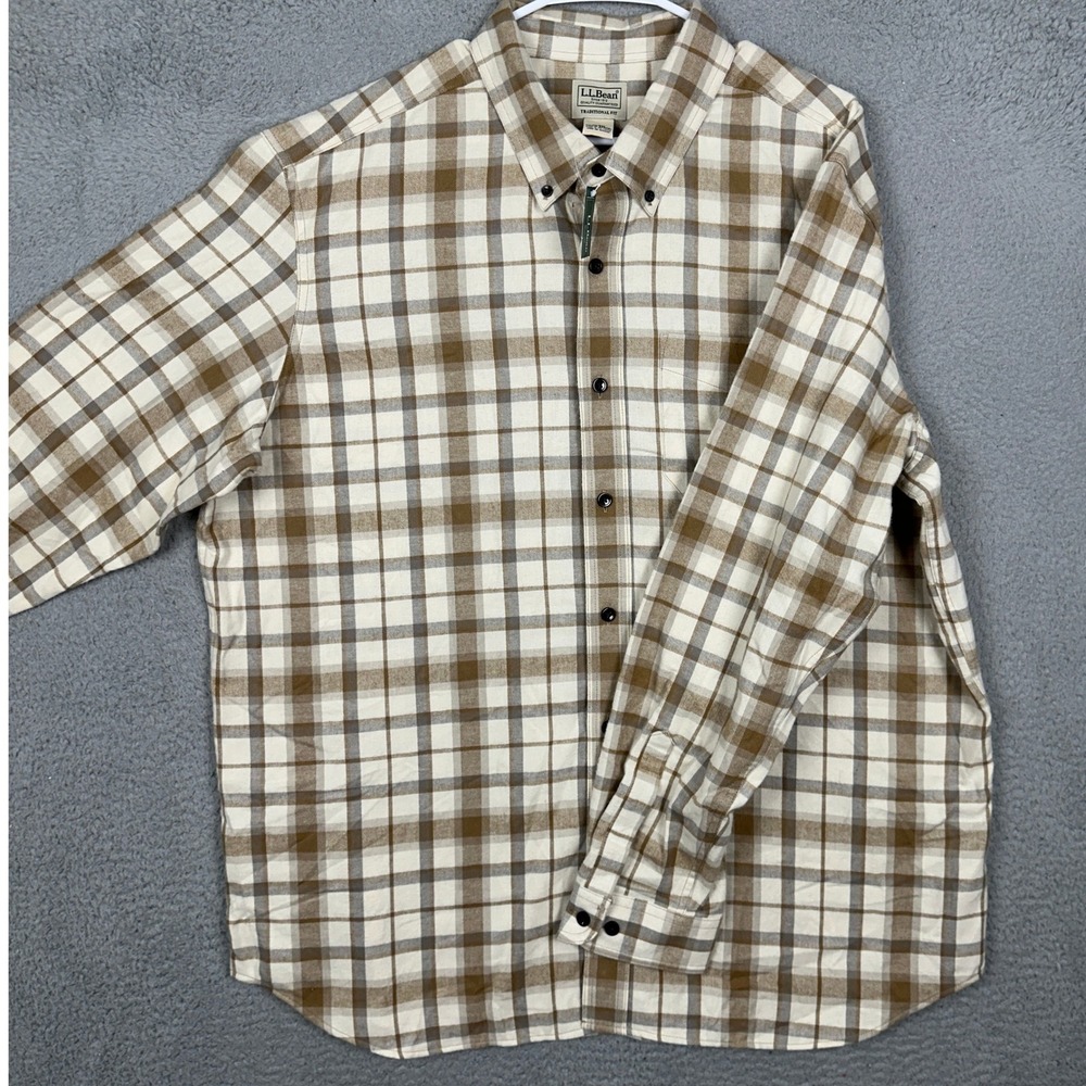 NEW L.L. Bean Shirt Mens XL Traditional Fit Brown Tan Plaid Flannnel Button Down